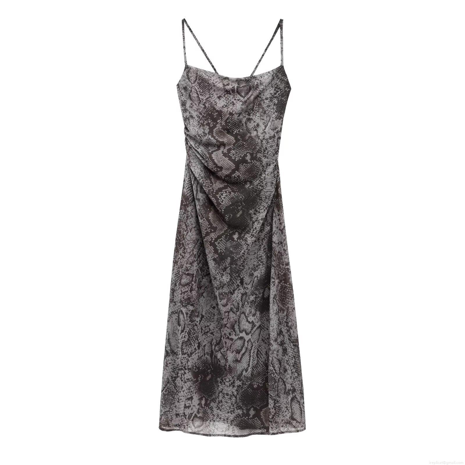 Sexy Cowl Neck Spaghetti Strap Maxi Dress For Women Elegant Sleeveless Side Slit Ruching Snake Skin Animal Print Bodycon Club Party Evening Summer Long Dress