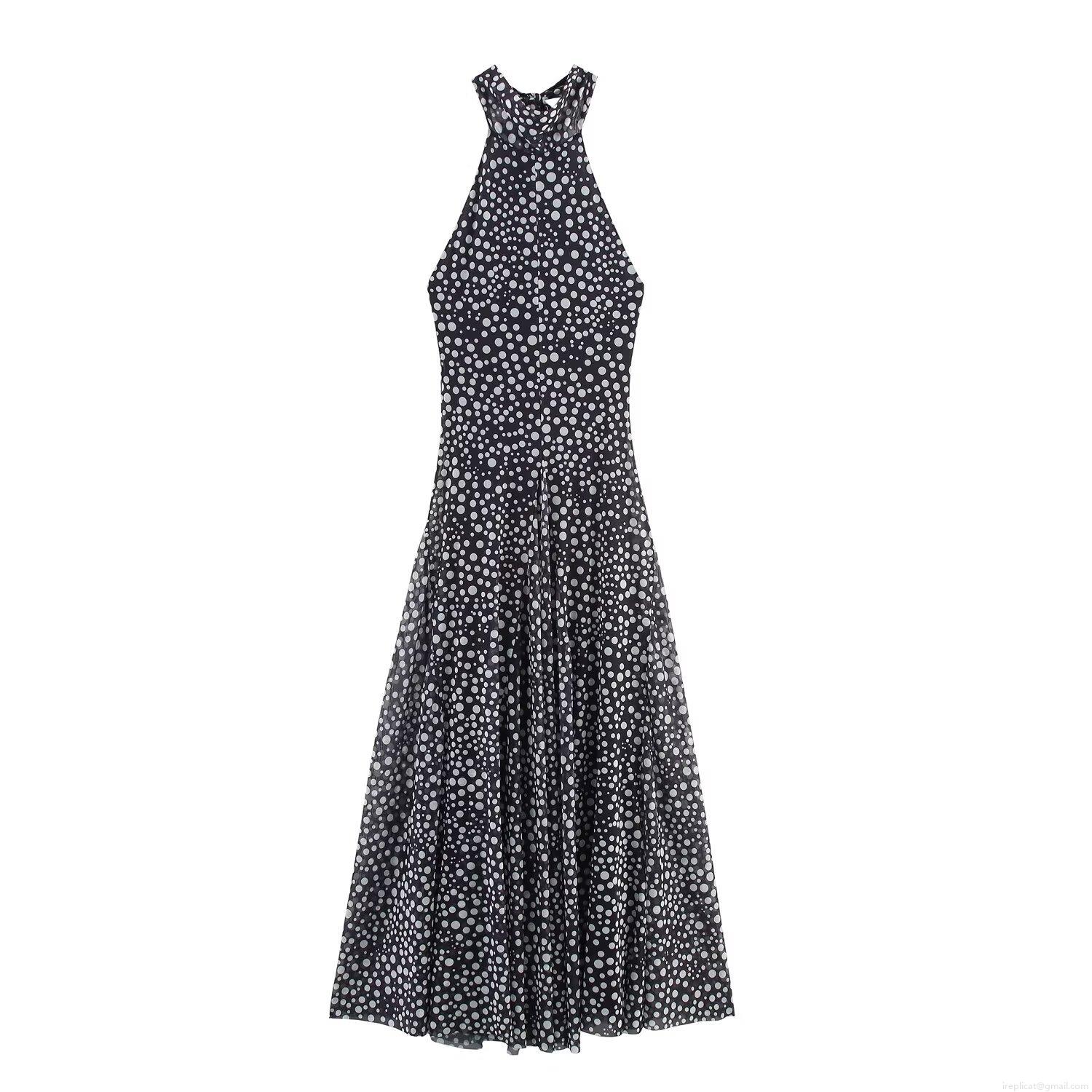 Women's Retro Black and White Polka Dot Halter Neck Maxi Dress Elegant Backless Sleeveless Mesh Long A-Line Party Vacation Summer Dress