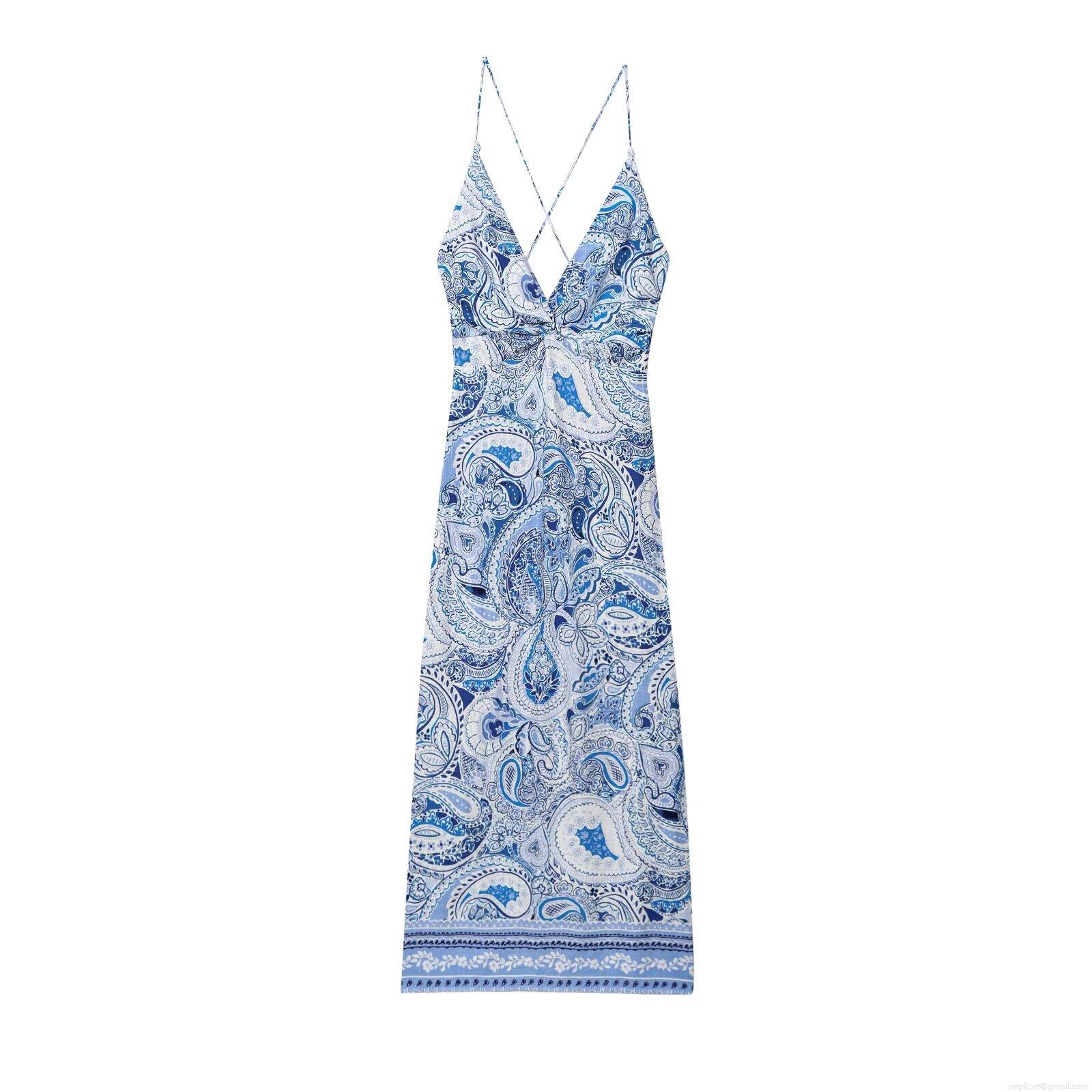 Women Bohemian Paisley Print Maxi Dress V Neck Backless Cotton Linen Blend Summer Beach Party Slit Long Dress