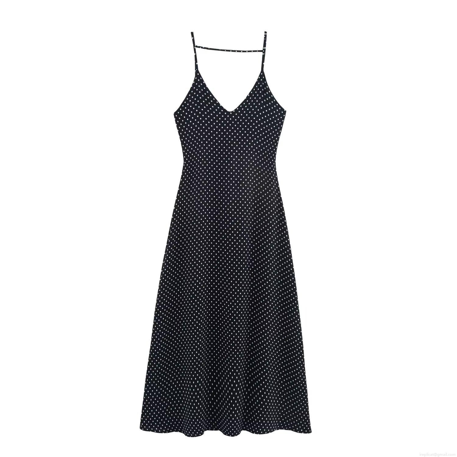 Elegant Polka Dot Print Maxi Dress Sexy V-Neck Strappy Lace-Up Slit Polyester Sleeveless Long Dress For Women Summer Party Dating