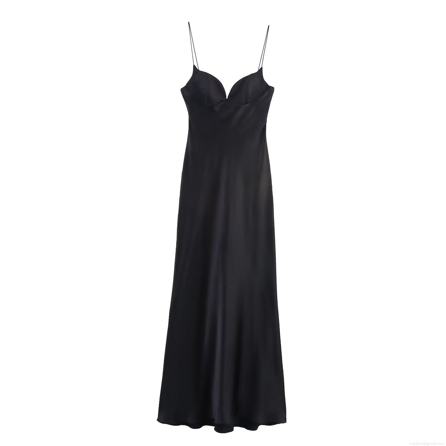 Elegant Black Satin Sling Maxi Dress V-Neck Sleeveless Silk Texture Formal Evening Party Wedding Banquet Solid Color Minimalist For Women