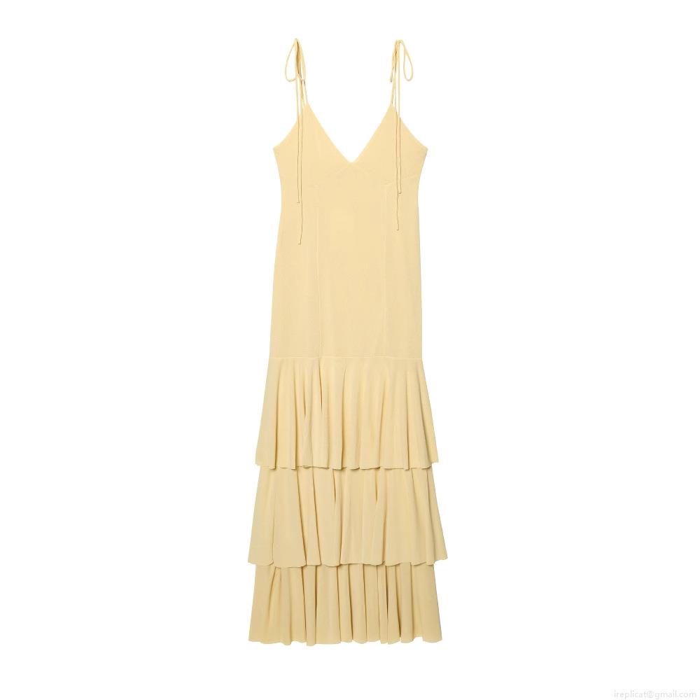 Women's Elegant V-Neck Sleeveless Tiered Midi Dress Lightweight Polyester Chiffon Bow Spaghetti Strap 3 Layer Cake Pleated Maxi Dress for Vacation Party Socialite