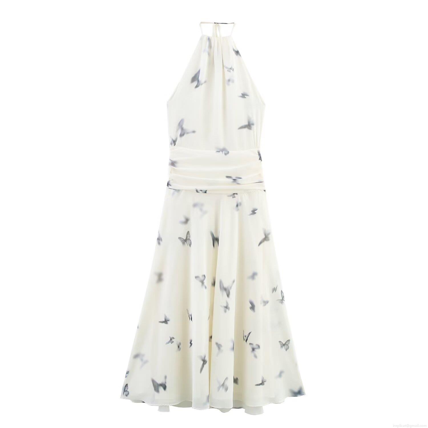 Women's Halter Neck Maxi Dress Chiffon Polyester Backless Butterfly Animal Print Elegant Sleeveless Flowy Long Dress for Summer Vacation Party