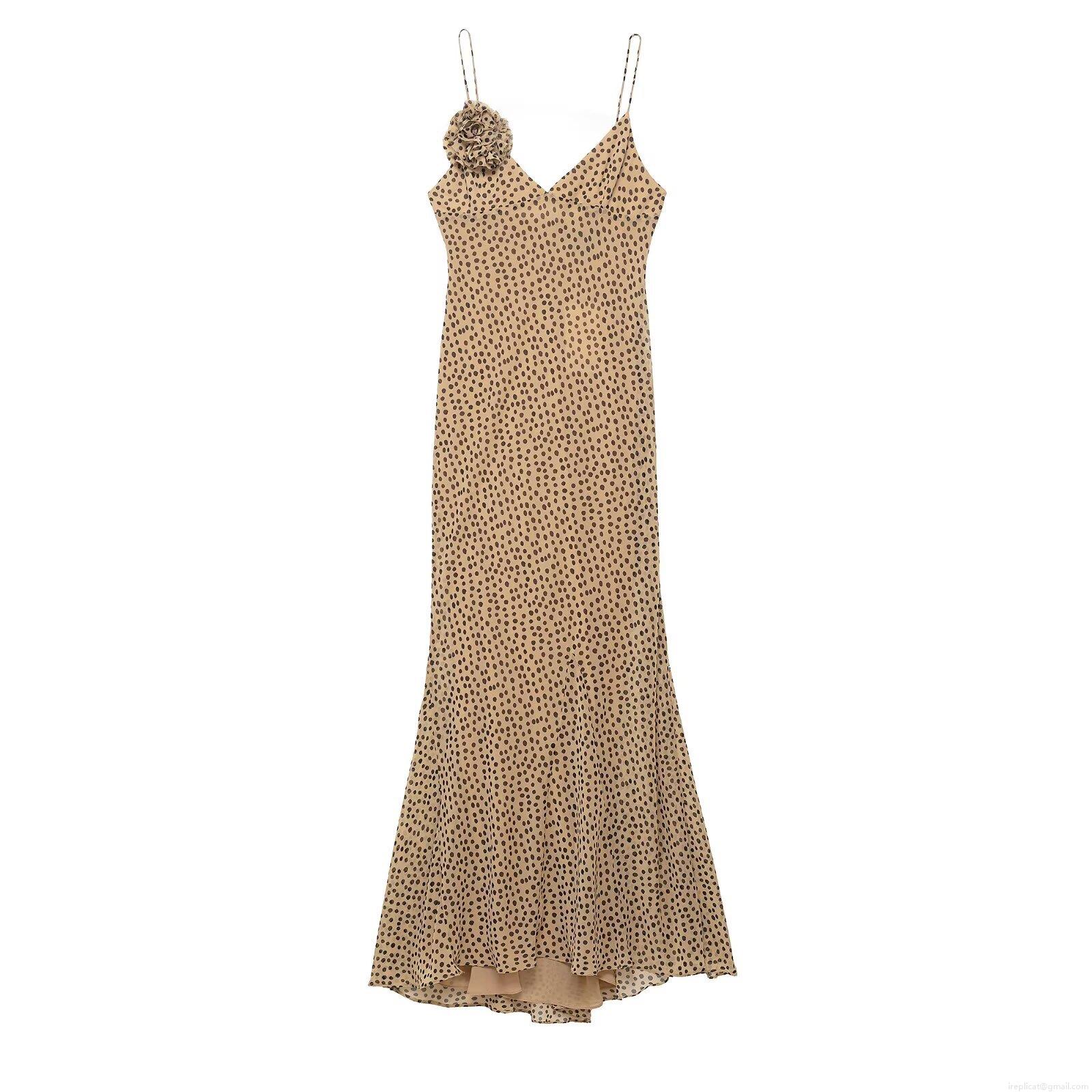 Elegant Polka Dot Maxi Dress For Women With 3D Flower Decoration V-Neck Sleeveless Sling Fishtail Long Party Evening Dress Polyester