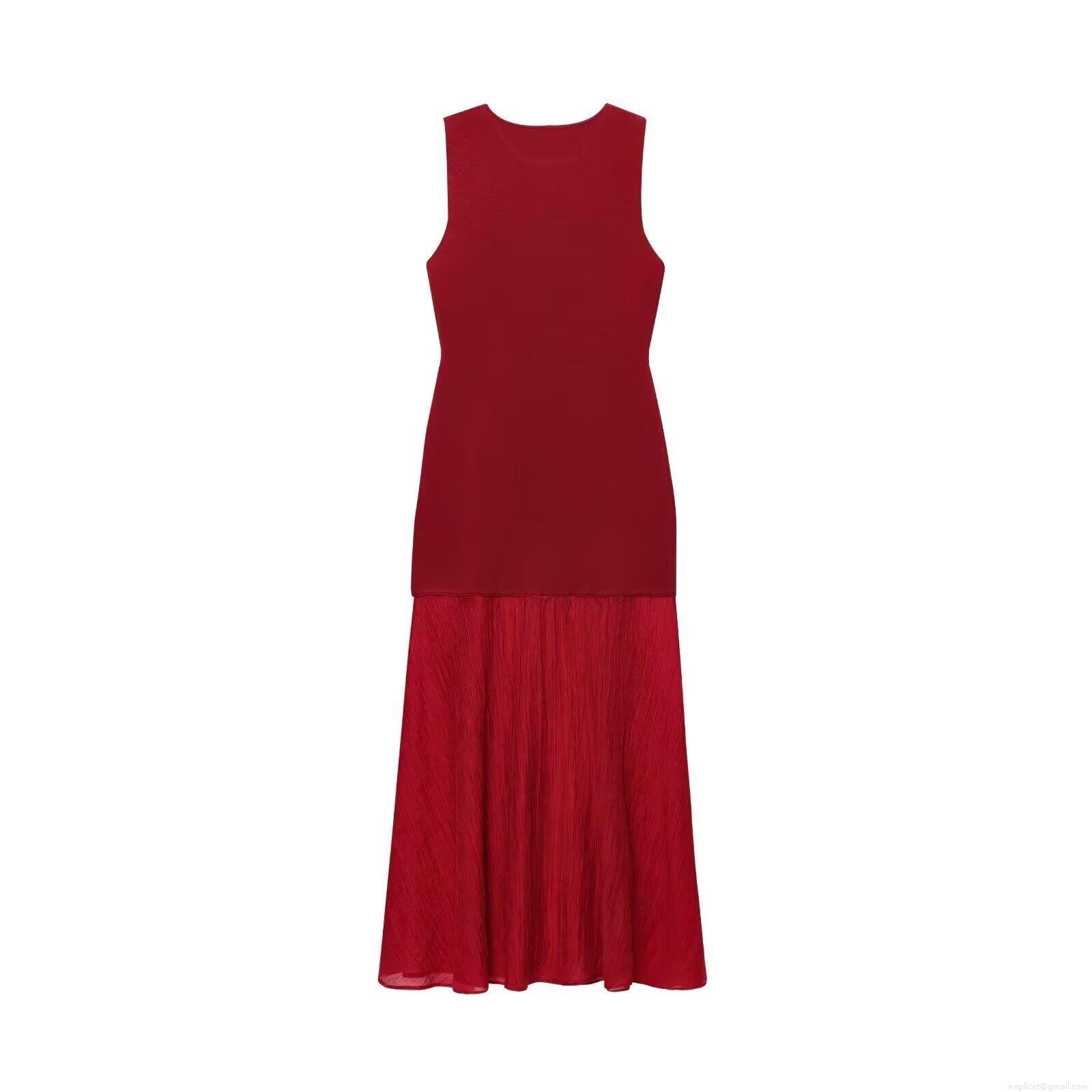 Women Elegant Sleeveless Maxi Dress Knitted Pleated Patchwork Round Neck Long Dress For Party Dating Office Lady Casual Streetwear