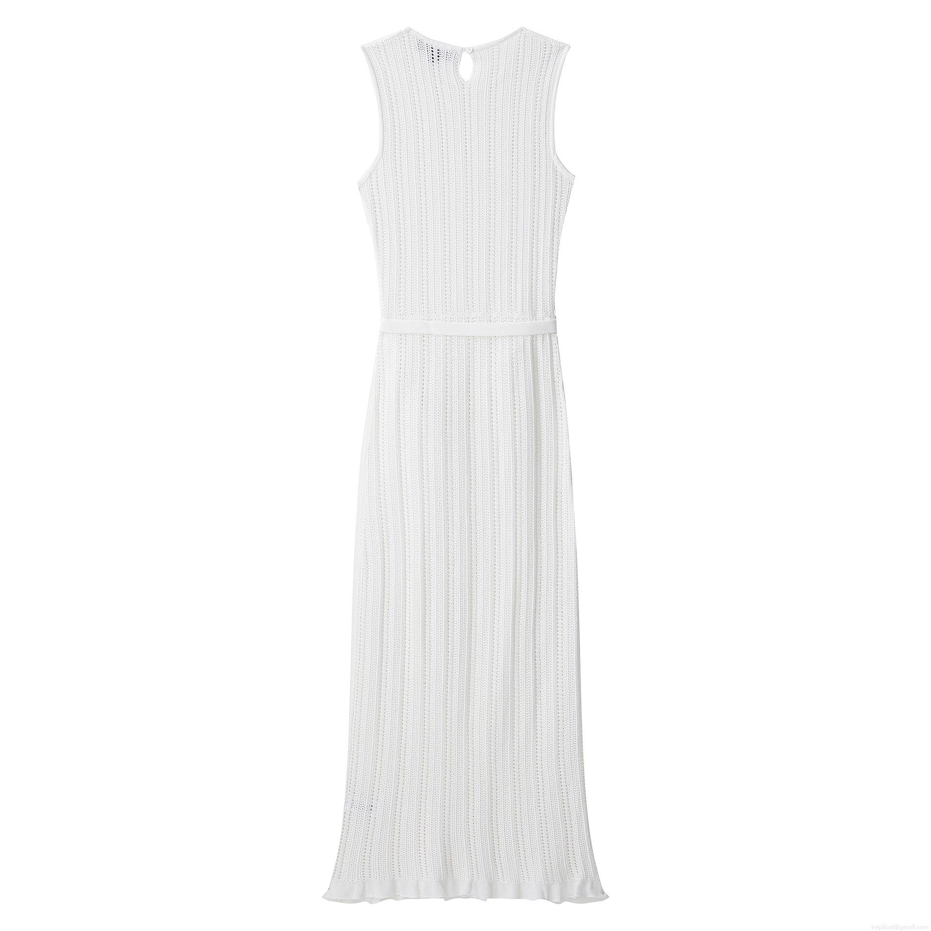 Elegant White Sleeveless Knit Maxi Dress With Belt Women's Round Neck Jacquard Mesh Hollow Out Long Dress For Summer Party Vacation
