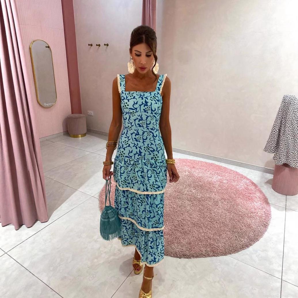 Women's Bohemian Floral Print Tiered Maxi Dress With Tassel Straps Square Neck Sleeveless Polyester Long Dress For Beach Vacation Party
