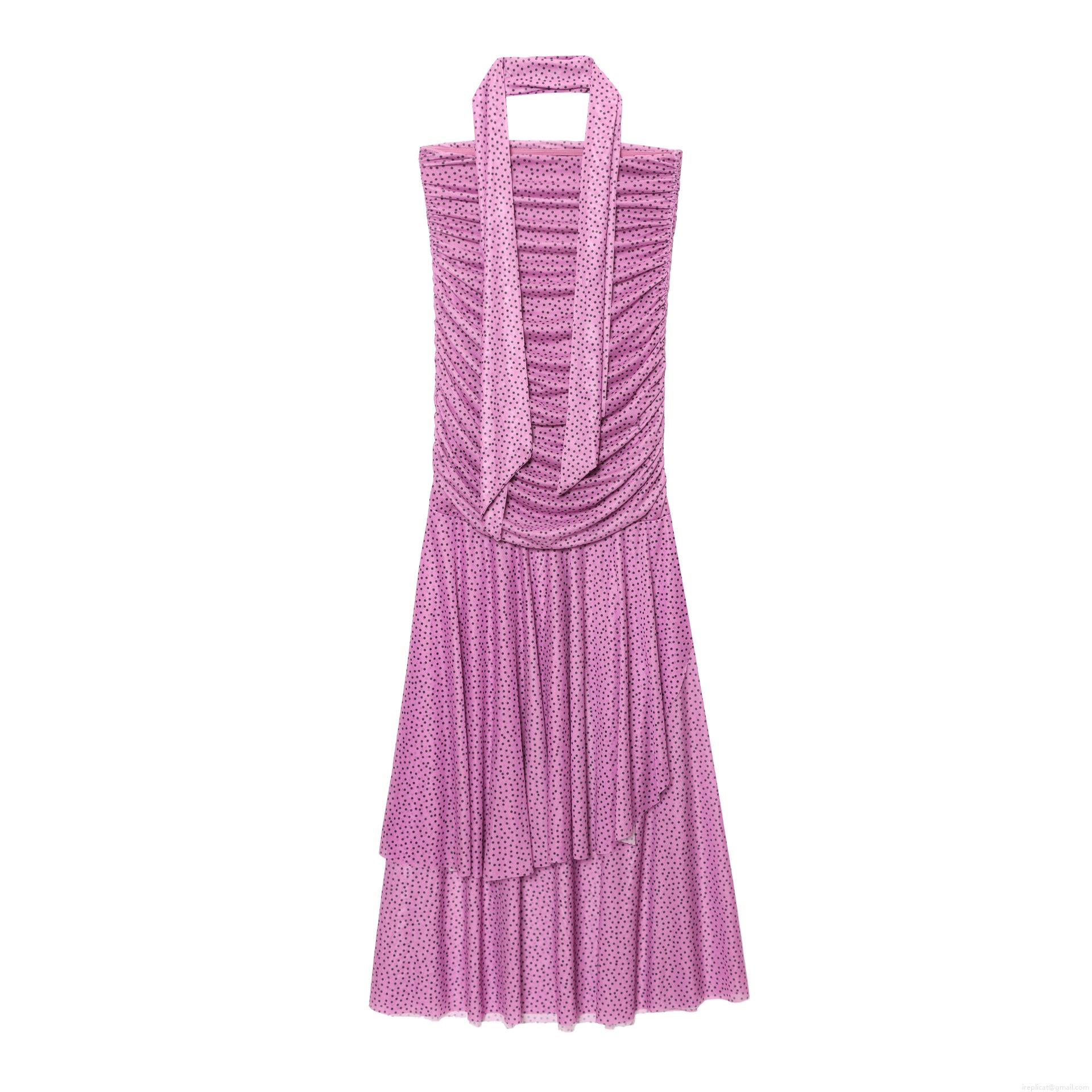 Women's Elegant Halter Neck Polka Dot Pleated Maxi Dress Sleeveless Mesh Print Long Dress For Party Vacation Sexy Socialite Style Slim Fit Polyester Dress