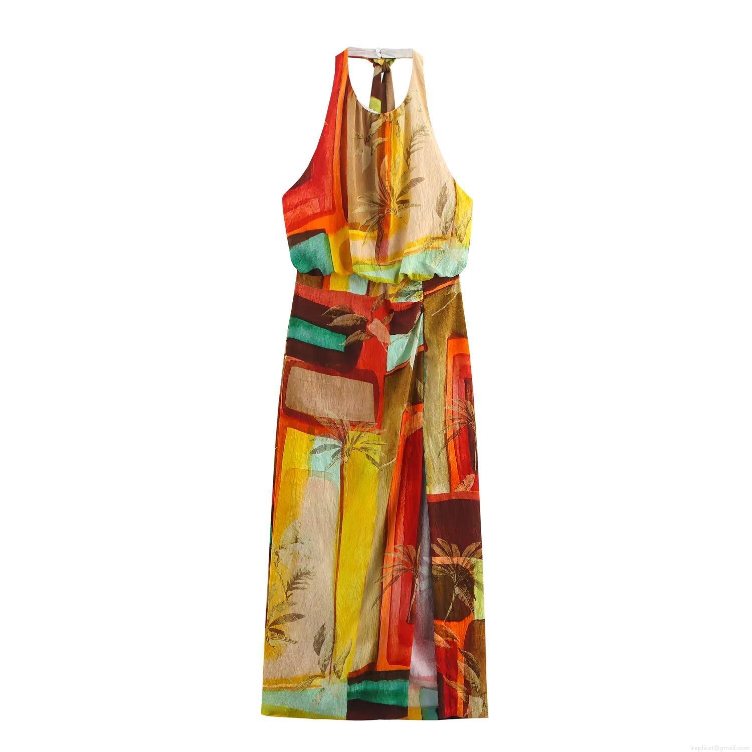 Women's Tropical Palm Leaf Print Halter Maxi Dress Sexy Backless Side Slit Polyester Long Dress Elegant Resort Vacation Style Ladies Summer Sundress