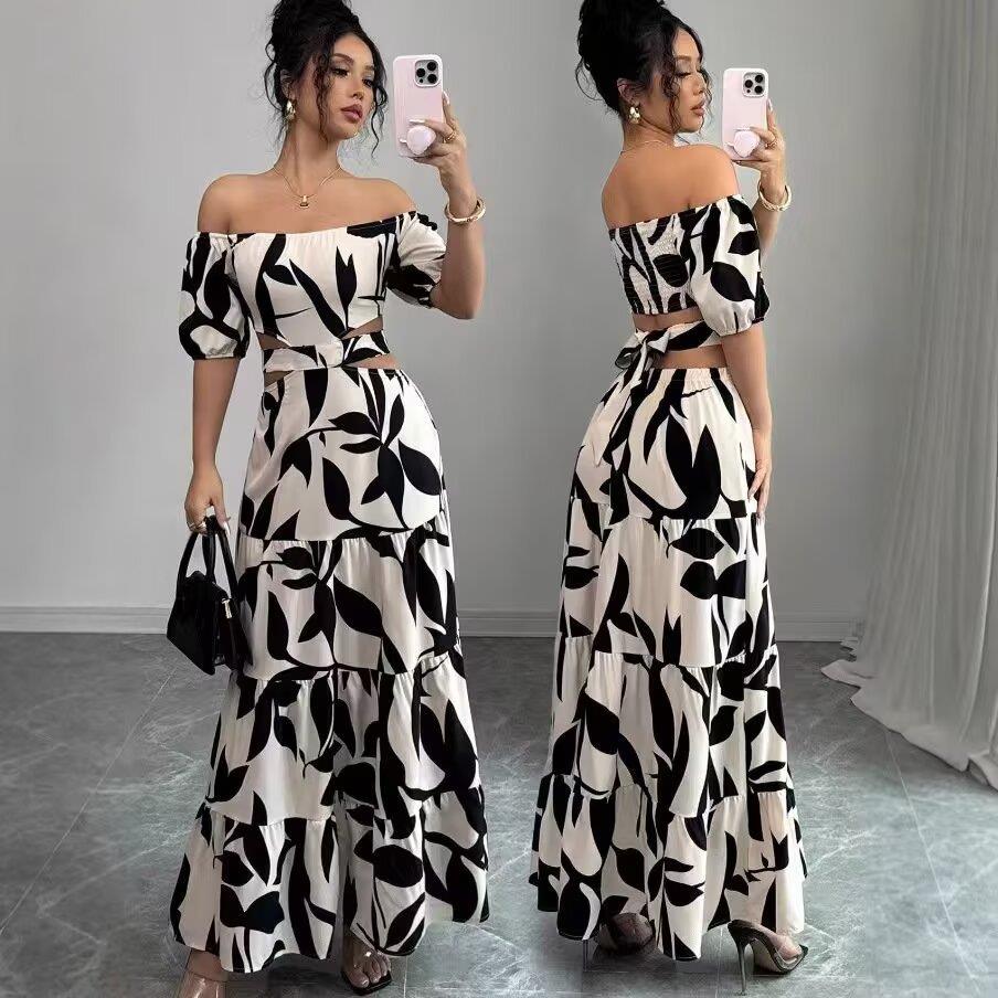 Women Black and White Leaf Print Polyester Maxi Dress Square Neck Hollow Out Puff Sleeve Tiered Cake Dress Elegant Resort Summer Party Beach Sundress
