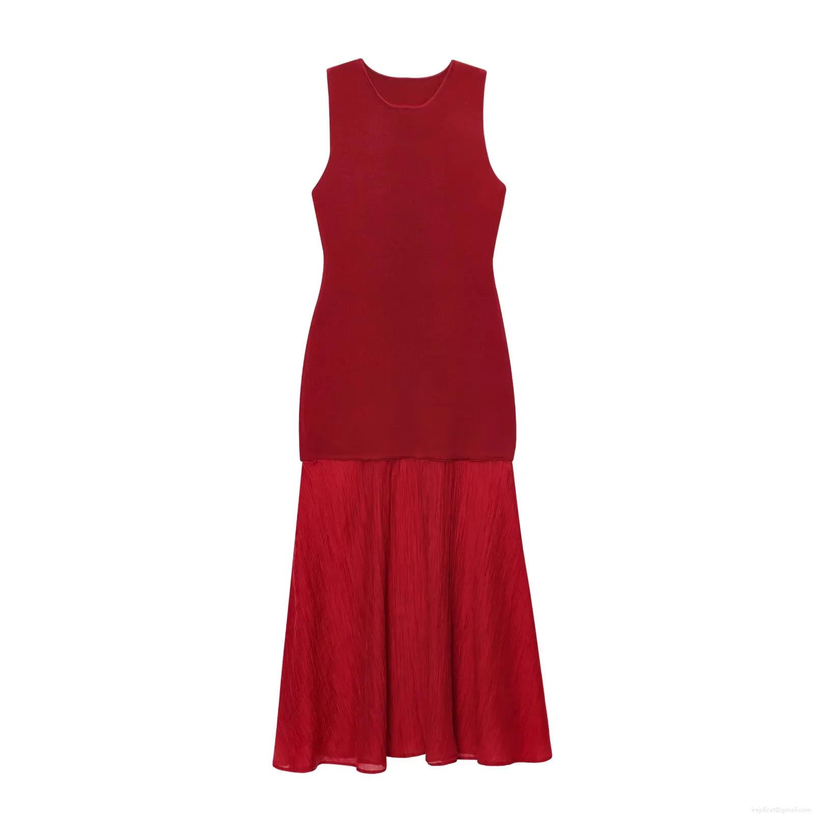 Women's Elegant Red Sleeveless Maxi Dress Polyester Knit Pleated Splicing Long Dress For Party Evening Summer Slim Fit Temperament Socialite Style Dress