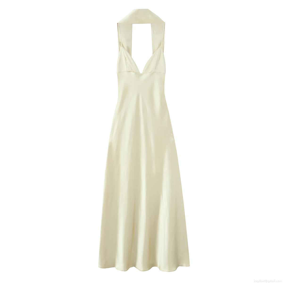 Elegant Women Satin Halter Maxi Dress Deep V Neck Backless Sexy Evening Party Dress Wedding Guest Vacation Long Dress Champagne Solid Color