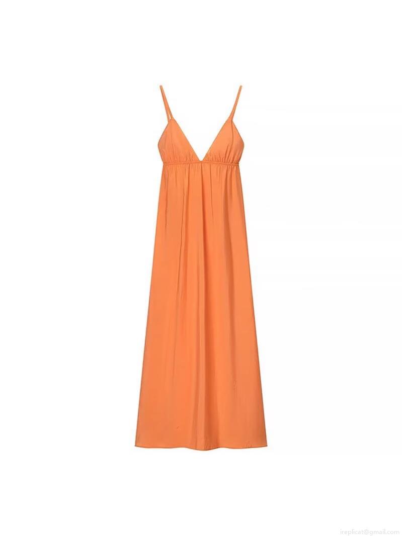 Women Elegant Orange Satin Spaghetti Strap Backless Maxi Dress Sexy V-Neck Lace Up Pleated Summer Vacation Party Socialite Midi Dress