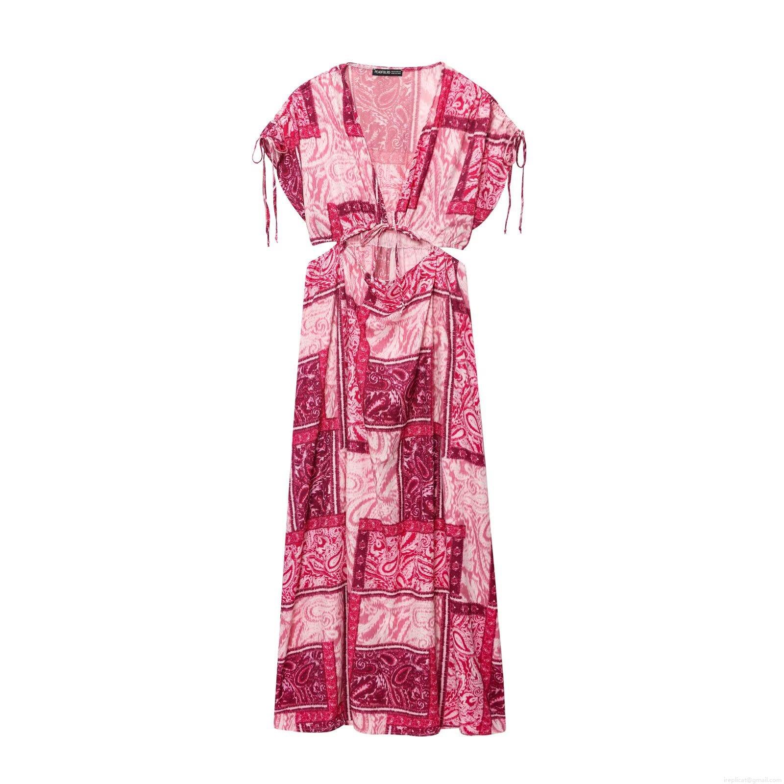 Women Bohemian Paisley Print Maxi Dress V-Neck Sleeveless Waist Hollow Out Tie Detail Summer Beach Party Long Dress