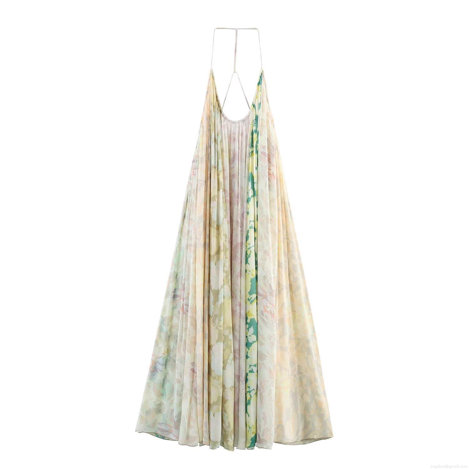Women's Floral Print Patchwork Maxi Dress Sexy V-Neck Spaghetti Strap Pleated Chiffon Long Sundress For Summer Beach Vacation Party Elegant Bohemian Style
