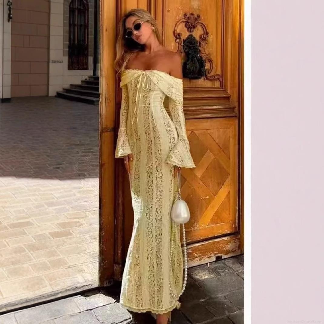 Elegant Off-The-Shoulder Yellow Lace Maxi Dress Women Sexy Flare Sleeve Bodycon Mermaid Long Dress For Wedding Party Evening Date Night