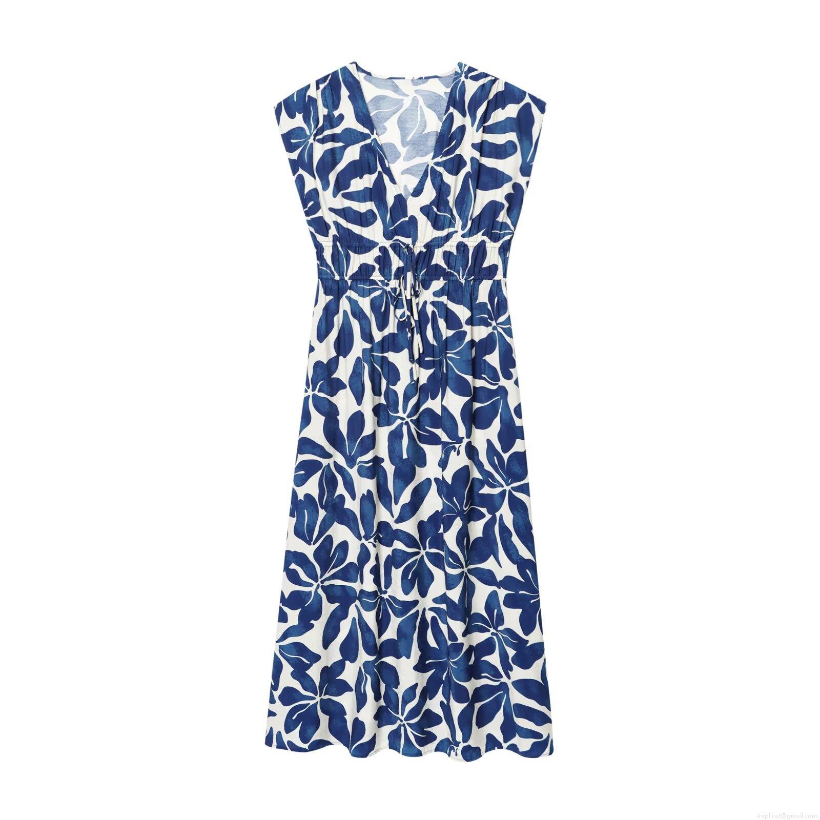Women's Elegant V-Neck Sleeveless Floral Print Maxi Dress Drawstring Waist Polyester Long Sundress for Summer Party Vacation