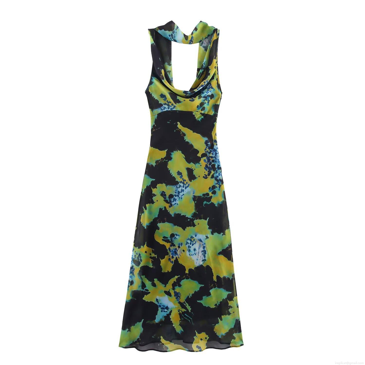 Women's Scarf Neck Abstract Print Maxi Dress Chiffon Polyester Sleeveless V-Neck Halter Backless Elegant Slim Fit Party Evening Long Dress For Lady