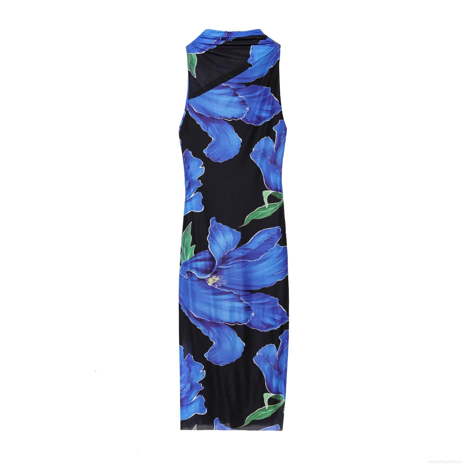Women's Elegant Backless Floral Print Maxi Dress Sleeveless Halter Neck Slim Fit Mesh Bodycon Dress With Bow Tie For Summer Party Clubwear