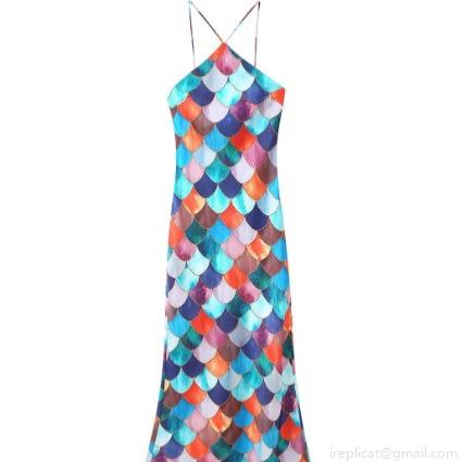 Women's Sexy Satin Halter Maxi Dress Fish Scale Print Criss-cross Back V Neck Sleeveless Polyester Long Dress For Party Beach Vacation