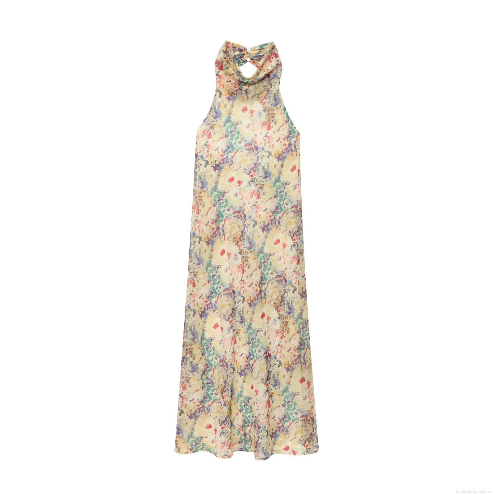 Women's Elegant Floral Print Halter Maxi Dress Backless V-Neck Pearl Chiffon Long Sundress For Vacation Party Wedding Guest Bohemian Chic Style