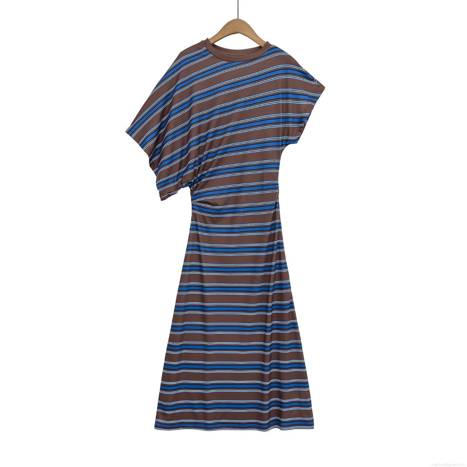 Women's Elegant 100% Cotton Striped Maxi Dress Asymmetric Sleeveless Side Pleated Ruched Waist Round Neck Slim Fit Long Dress For Party Daily Wear