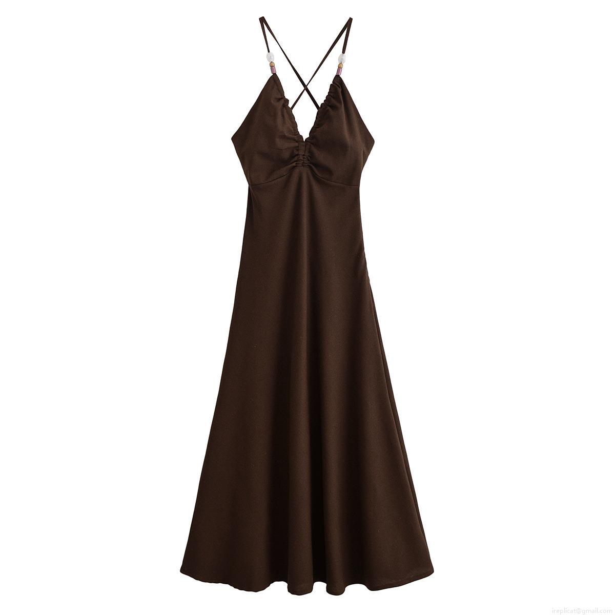 Women's Elegant Beaded Strap Cross Neck Backless Maxi Dress Solid Color Summer Beach Party Midi Long Dress Polyester Fabric