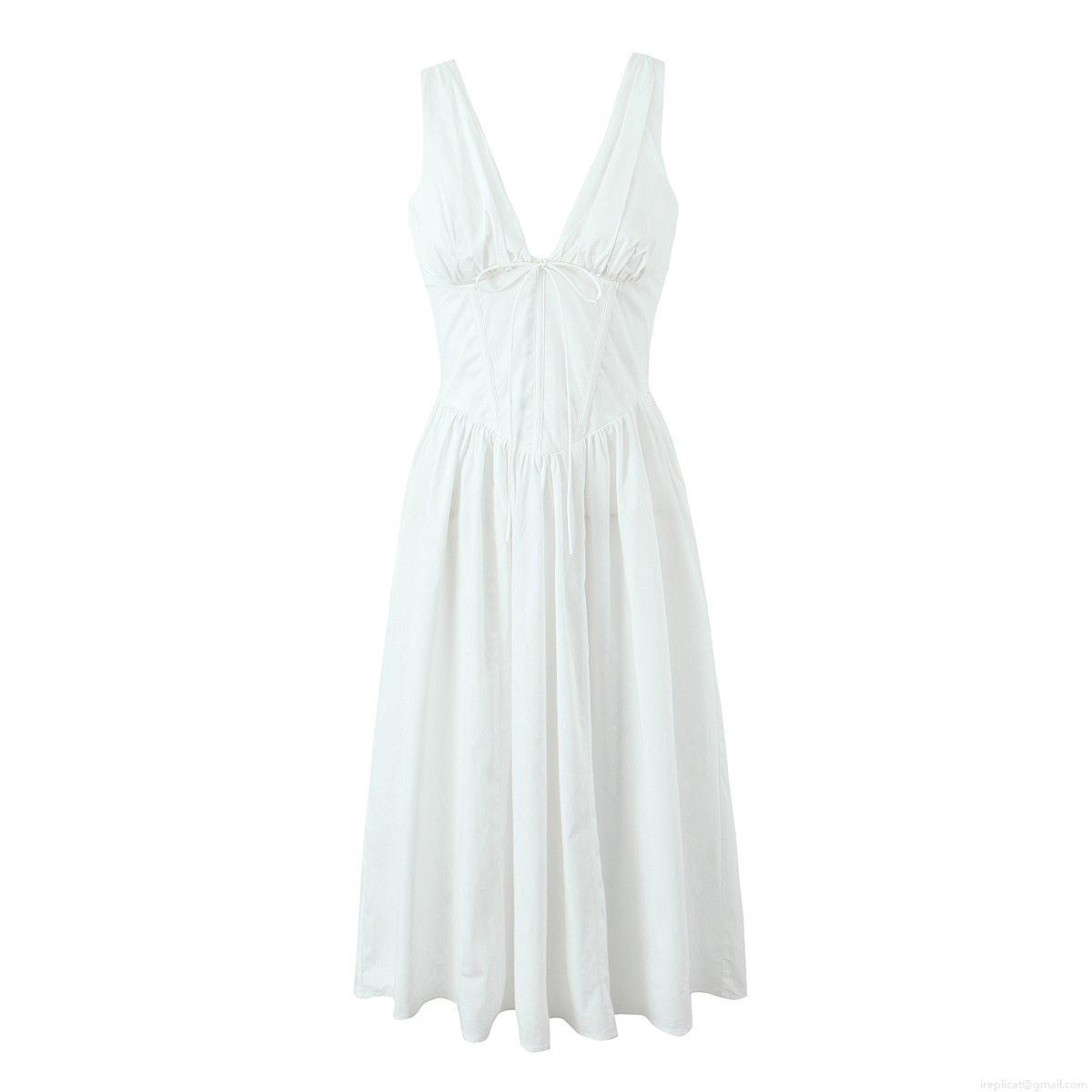 Women Sexy Deep V Neck Backless Maxi Dress White Sleeveless Cotton Blend Slim Fit Long Sundress Elegant Party Evening Cocktail A-Line Dress