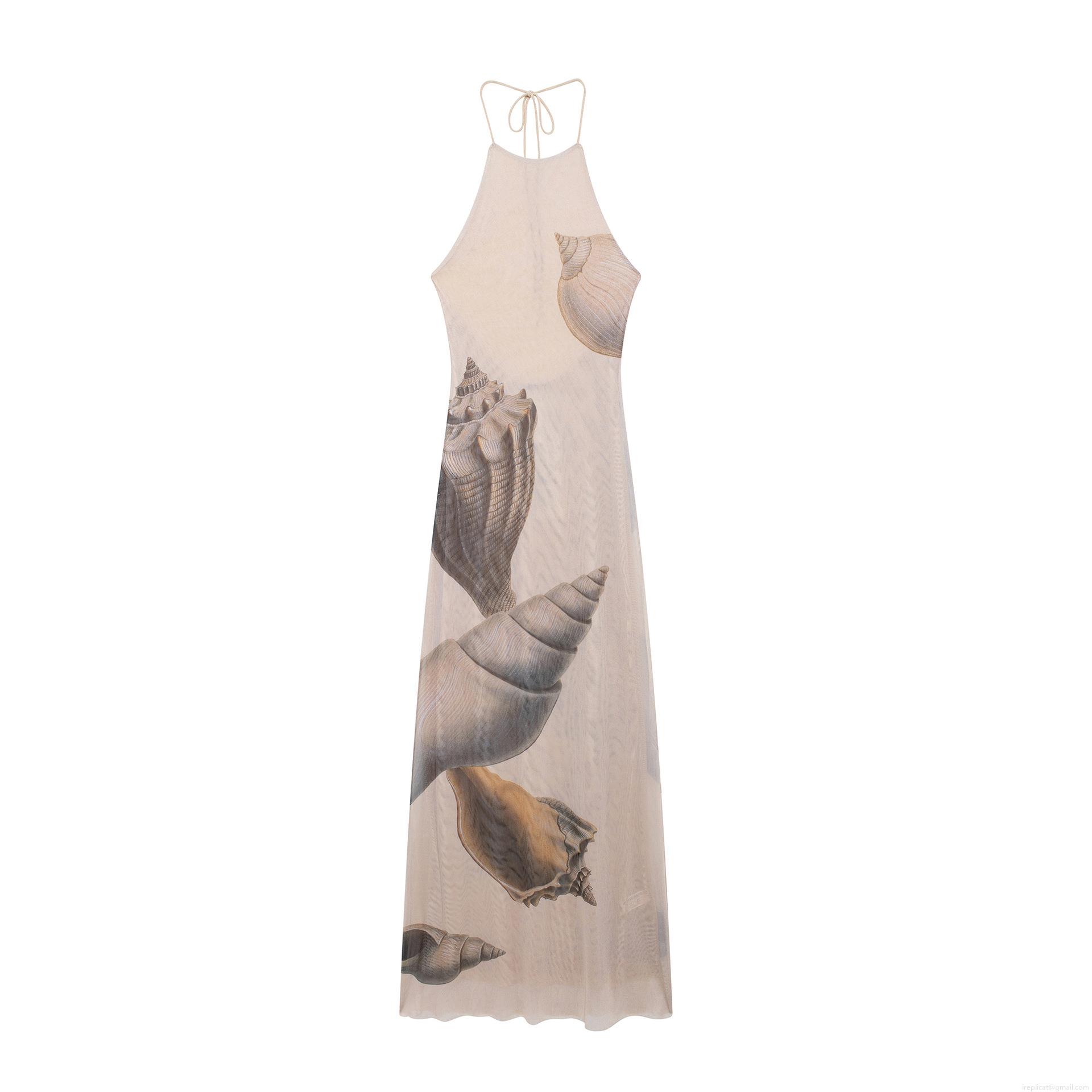Women's Sexy Halter Neck Backless Maxi Dress Elegant Seashell Print Mesh Polyester Beach Vacation Party Long Dress