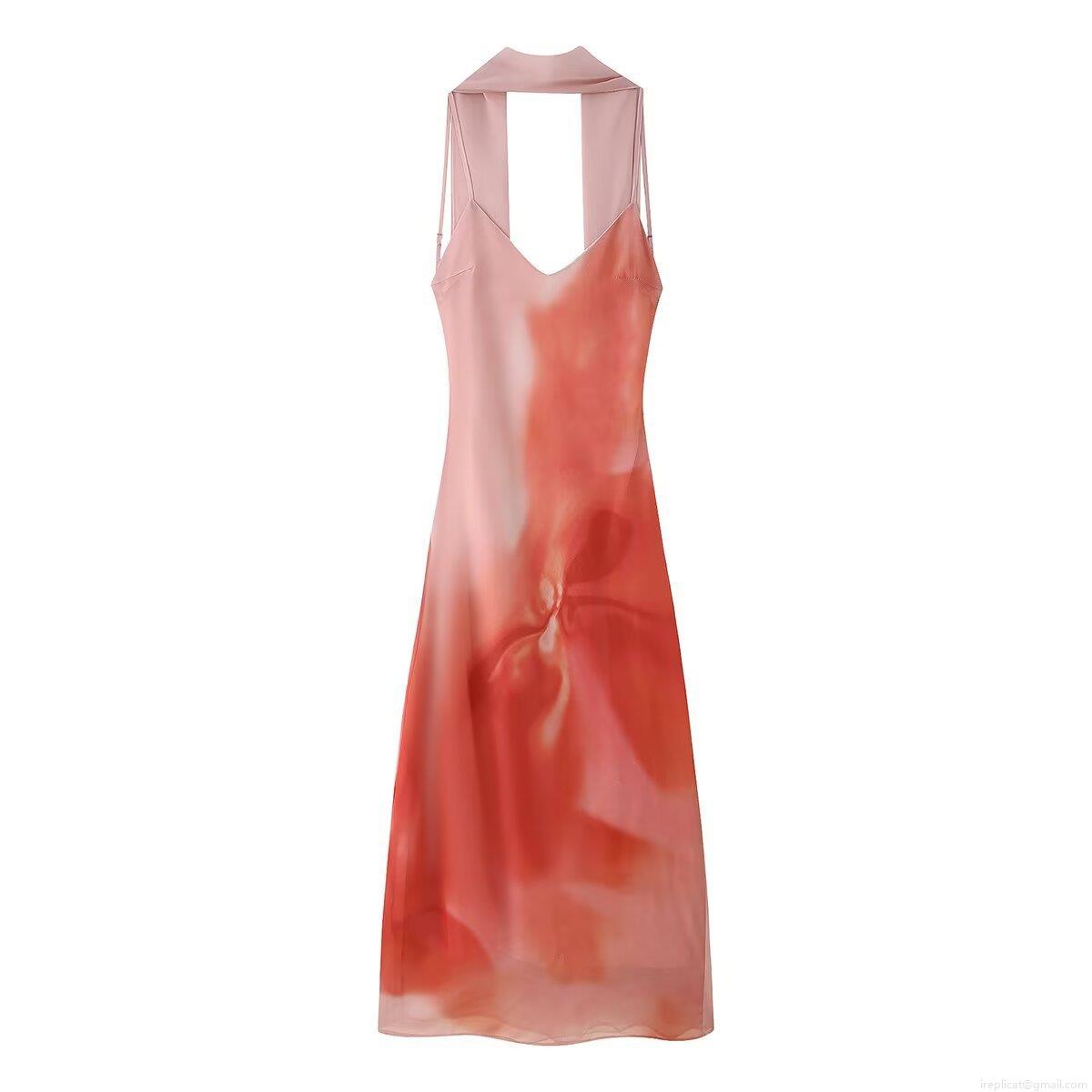Women's Gradient Pink Red Floral Print Halter Maxi Dress With Scarf Elegant Sleeveless Satin Backless Party Evening Dress for Women