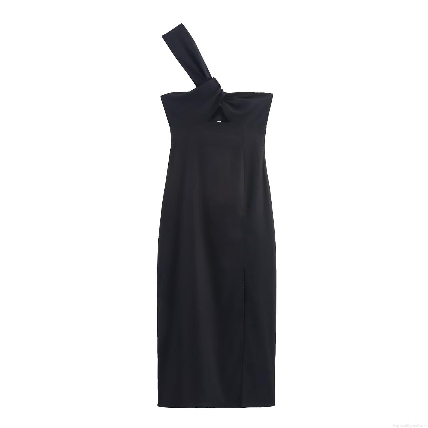Elegant Black One Shoulder Slit Maxi Dress Hollow Out Knot Design Polyester Evening Party Women Sexy Bodycon Midi Dress
