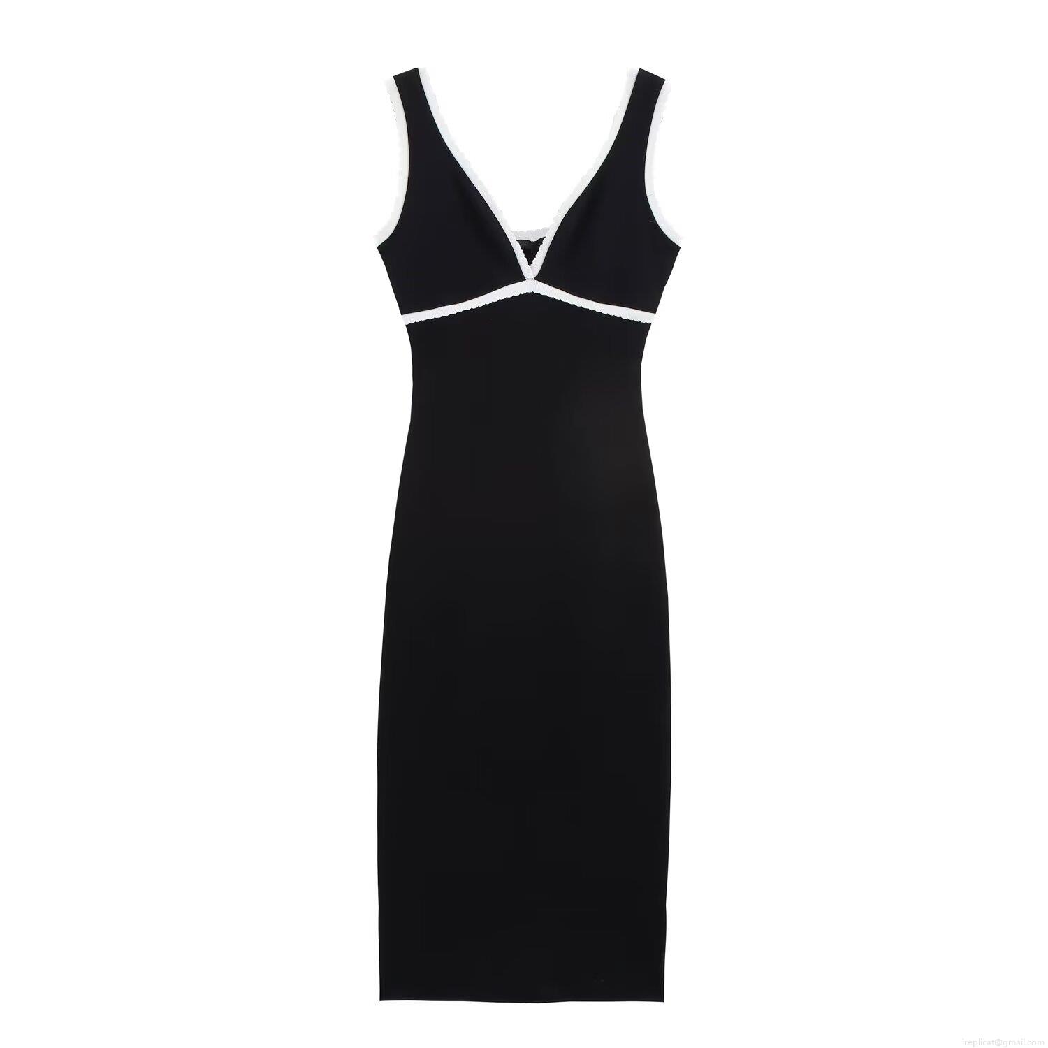Women's Elegant V-Neck Knitted Maxi Dress Contrast White Lace Trim Sleeveless Camisole Bodycon Dress Evening Party Clubwear Celebrity Style Slim Fit Dress
