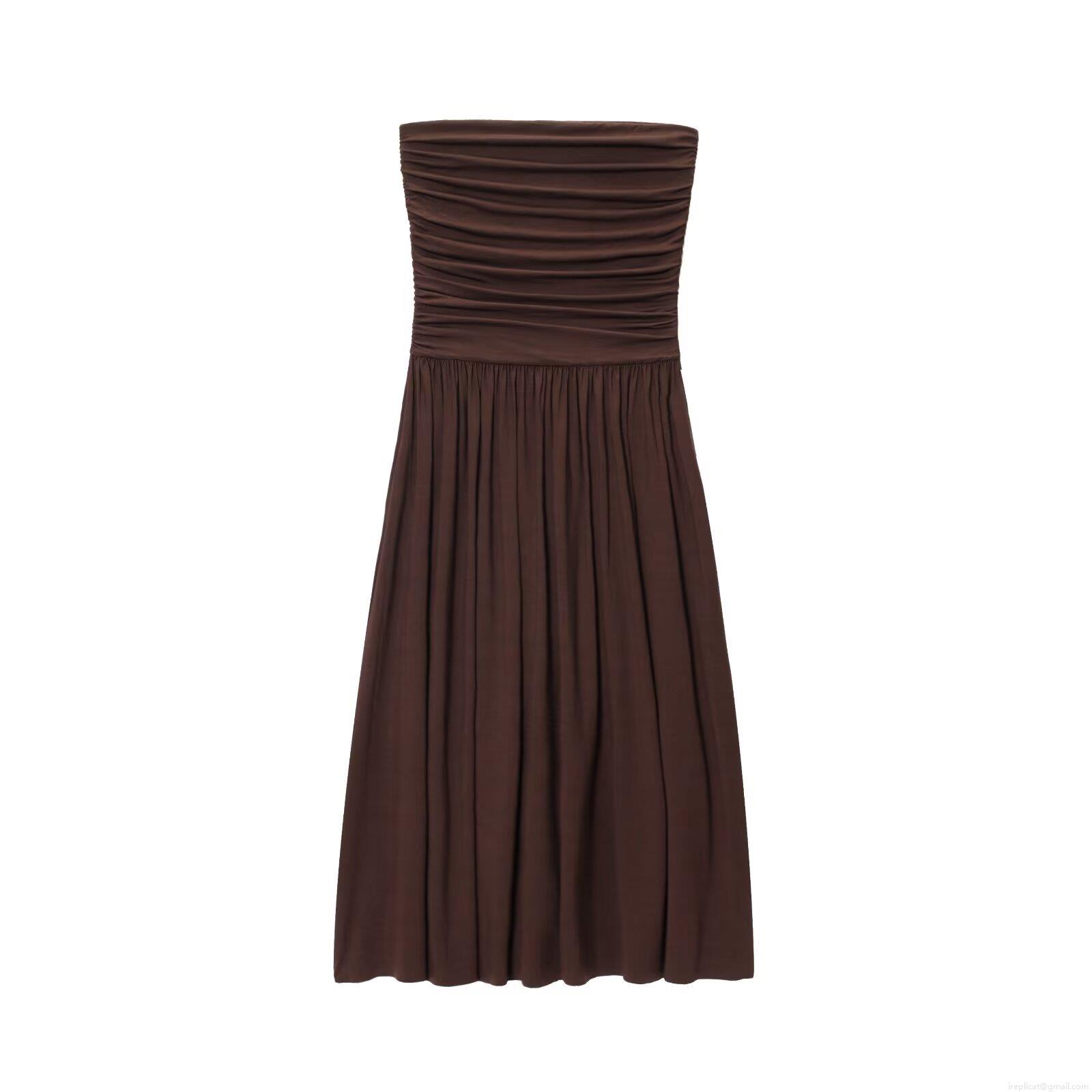 Women's Elegant Ruched Tube Top Maxi Dress Coffee Brown Solid Color Polyester Milk Silk Vacation Style Strapless Long Dress For Women Party Summer