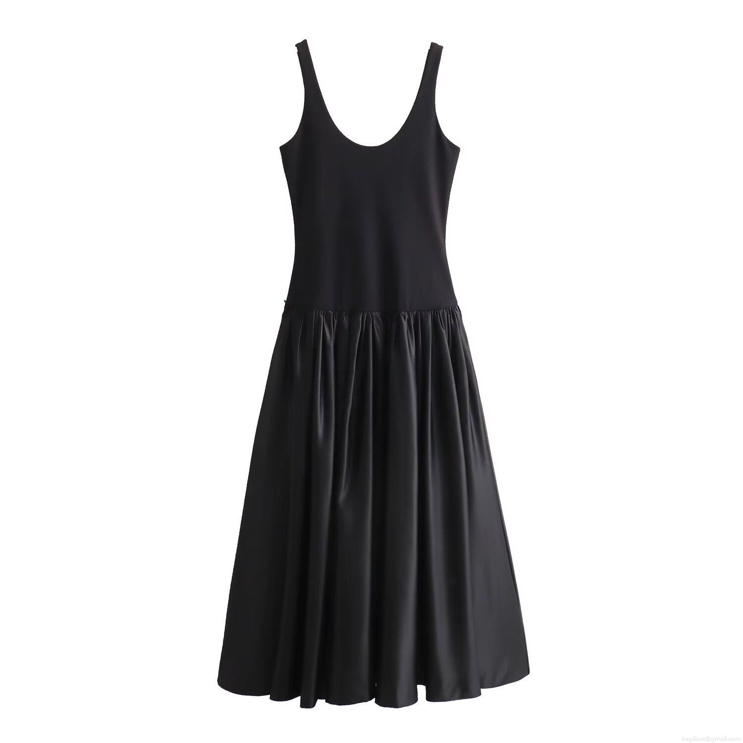 Women Elegant Spliced Maxi Dress Sleeveless U-Neck Knit And Satin Patchwork Evening Party Gown A-Line Long Dress For Ladies