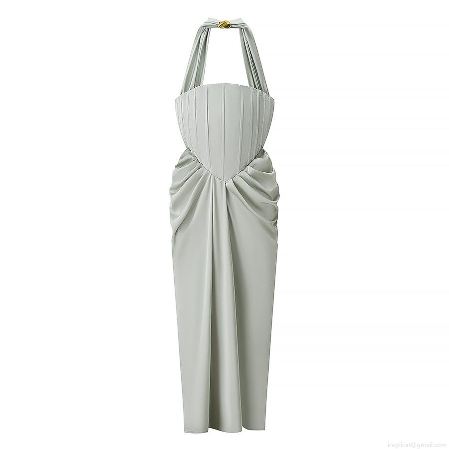 Elegant Sage Green Satin Halter Neck Maxi Dress For Women Sleeveless Pleated Backless Evening Party Gown With Metal Buckle Detail