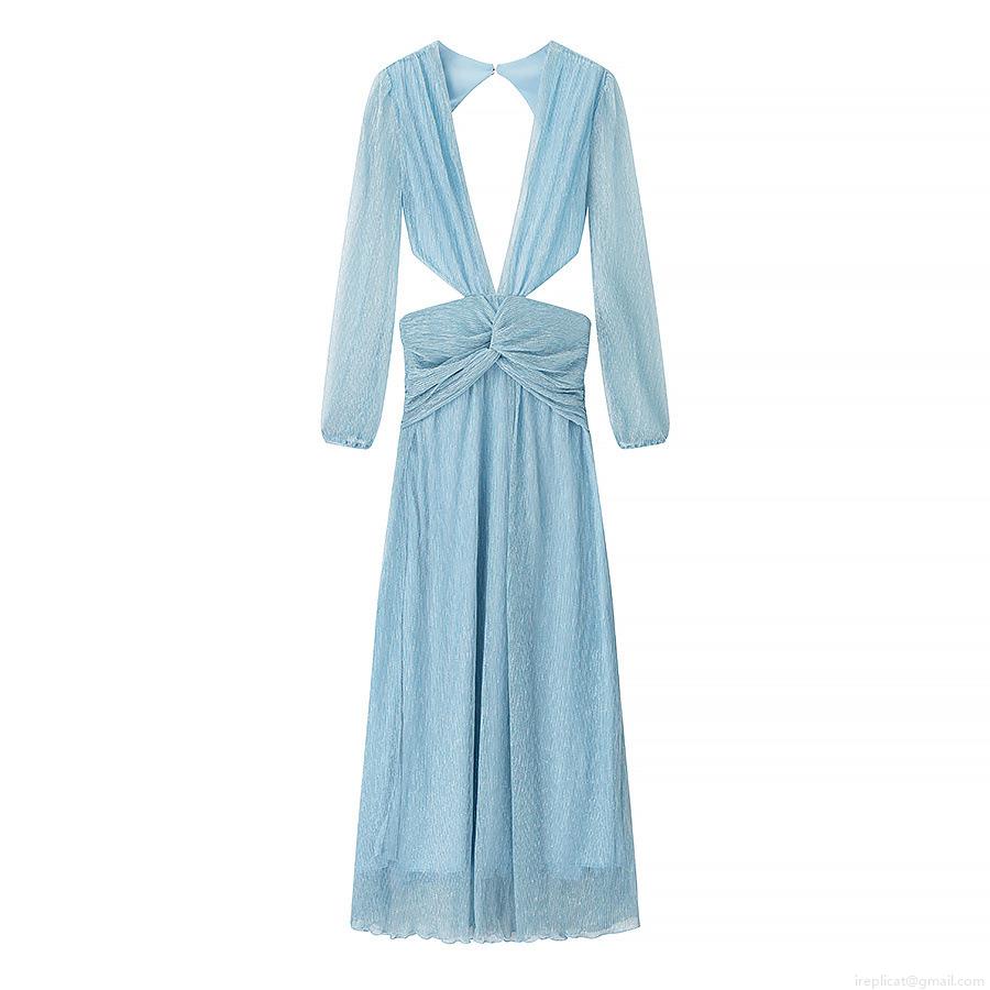 Women Shimmering Pleated Maxi Dress Sexy Deep V Neck Long Sleeve Cutout Waist Elegant Twist Front Evening Party Long Gown Dress For Women