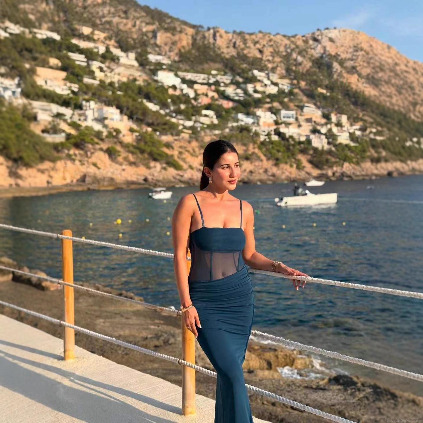 Women Elegant Deep Blue Mesh Splicing Bodycon Maxi Dress Sexy Spaghetti Strap Pleated Evening Party Summer Vacation Long Dress With Polyester Mesh