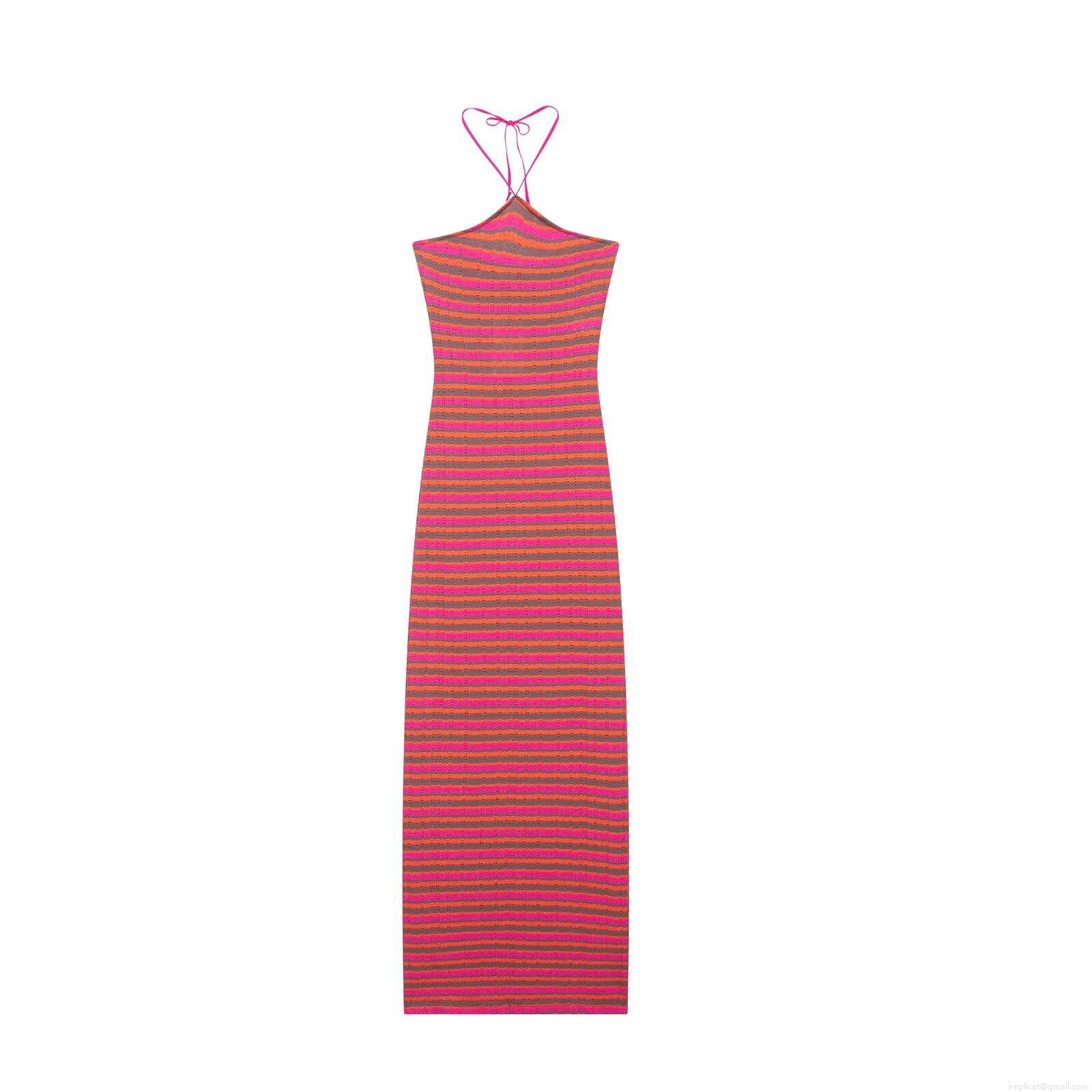 Women Bohemian Striped Crochet Halter Maxi Dress Sexy Backless Hollow Out Knitted Bodycon Long Dress For Summer Vacation Beach Party Clubwear