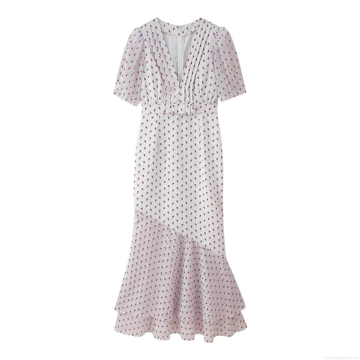 Elegant V-Neck Polyester Floral Maxi Dress For Women Slim Fit Fishtail Puff Sleeve Bodycon Party Dresses With Fine Stripes