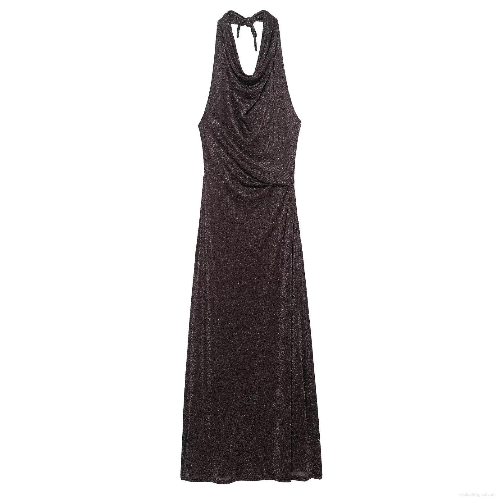 Elegant Halter Backless Metallic Sparkly Maxi Dress Sexy Cowl Neck Sleeveless Shiny Polyester Long Dress for Women Party Evening Night Club Vacation