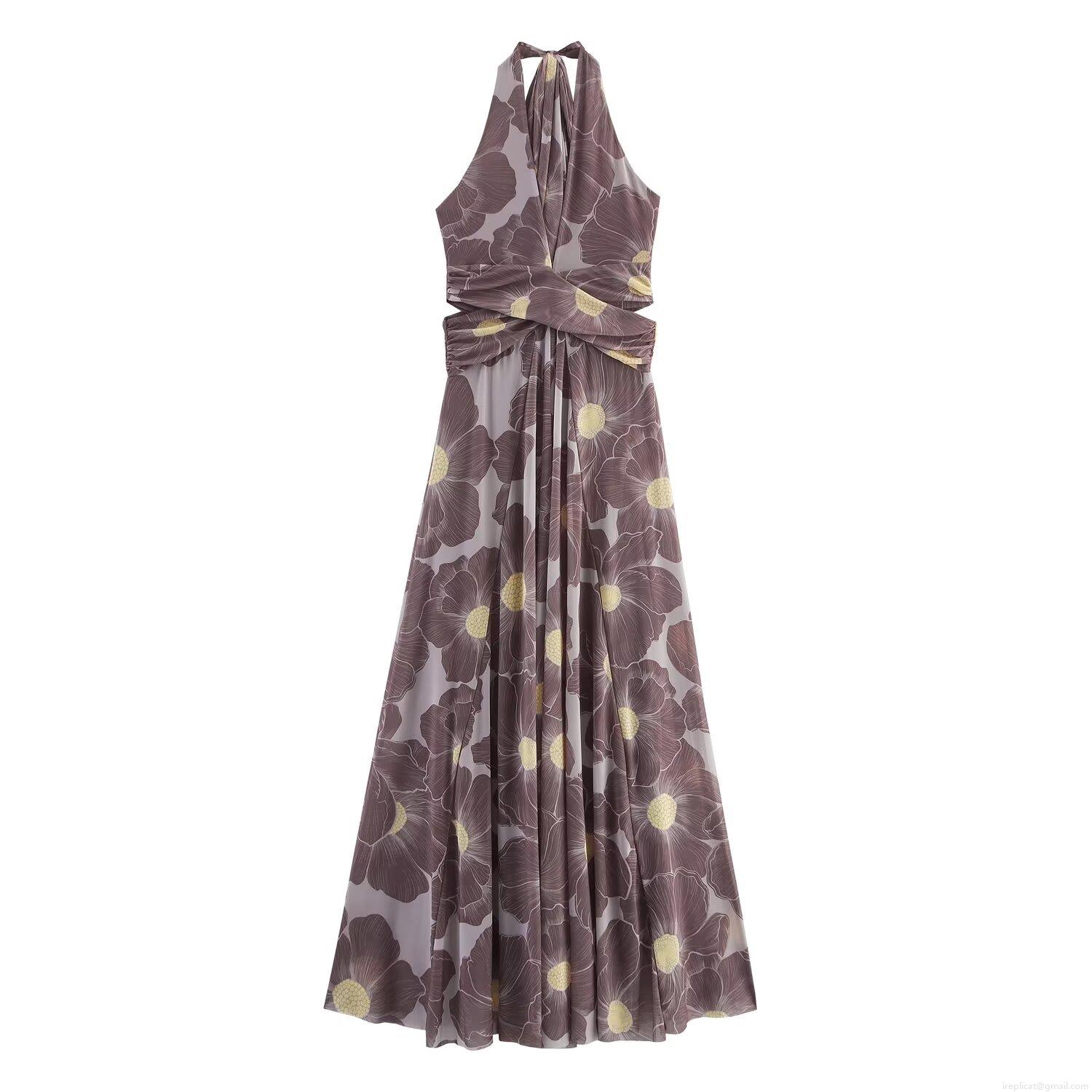 Women's Elegant Halter Neck Maxi Dress Floral Printed Cutout Mesh Sleeveless Backless Long Dress For Party Vacation Summer Spring