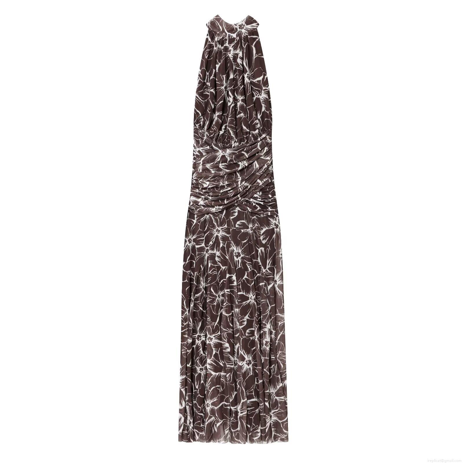 Women's Elegant Halter Neck Maxi Dress Floral Print Mesh Long Dress Sexy Backless Sleeveless Pleated Waist A-Line Sundress For Summer Party Evening Cocktail Clubwear Bohemian Style