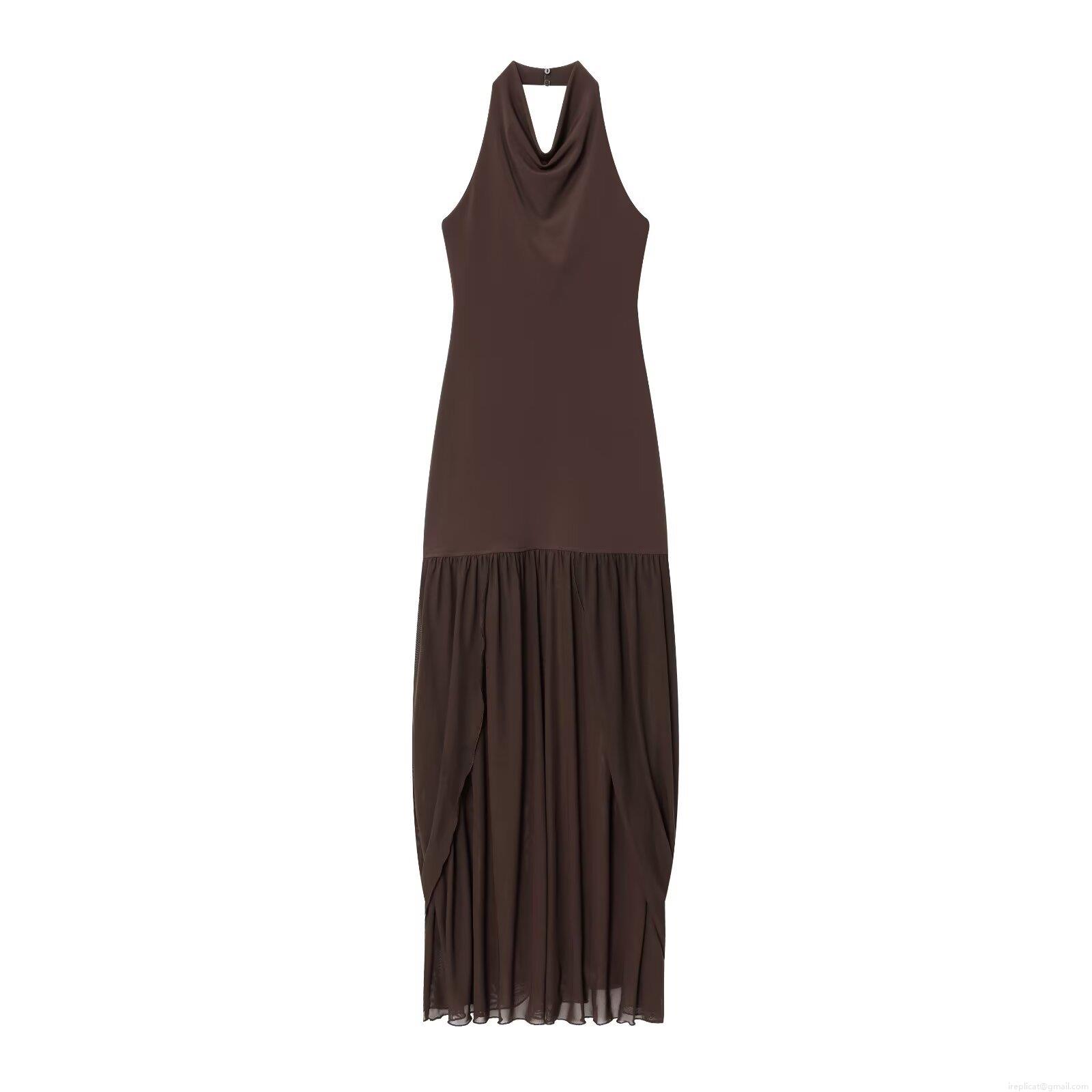 Elegant Women's Halter Neck Maxi Dress Sexy Backless Polyester Mesh Patchwork Pleated Long Dress For Party Evening Wedding Socialite Style Solid Color Coffee
