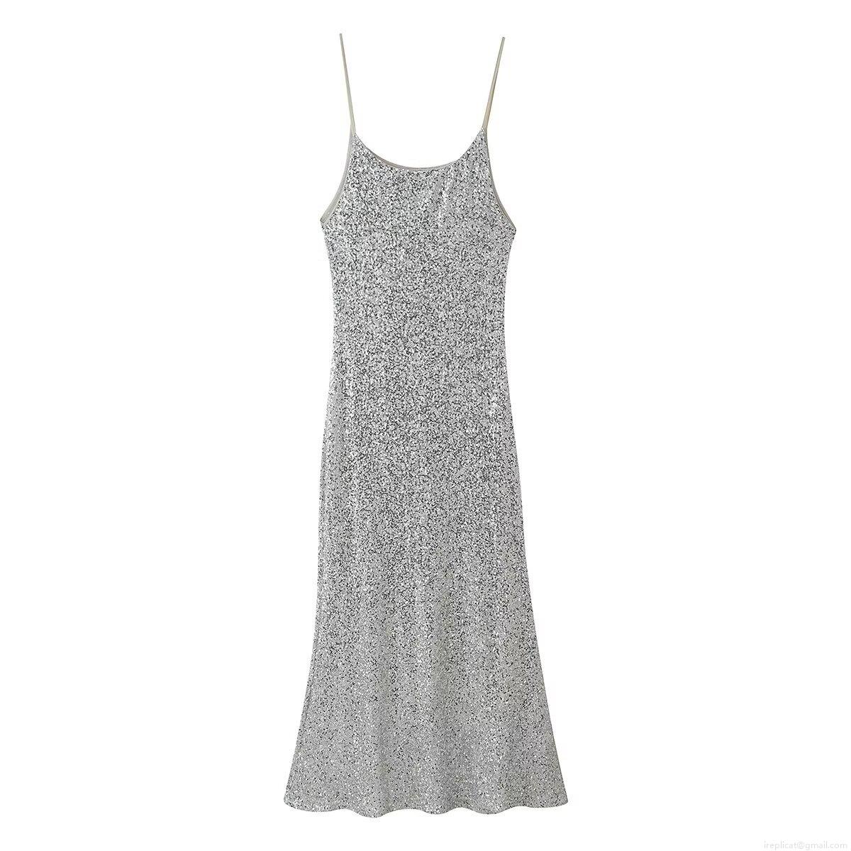 Women's Sexy Sequin Cami Maxi Dress Slim Fit Silver Sparkly Bodycon Evening Party Gown For Prom Gala Celebration Celebrity Style