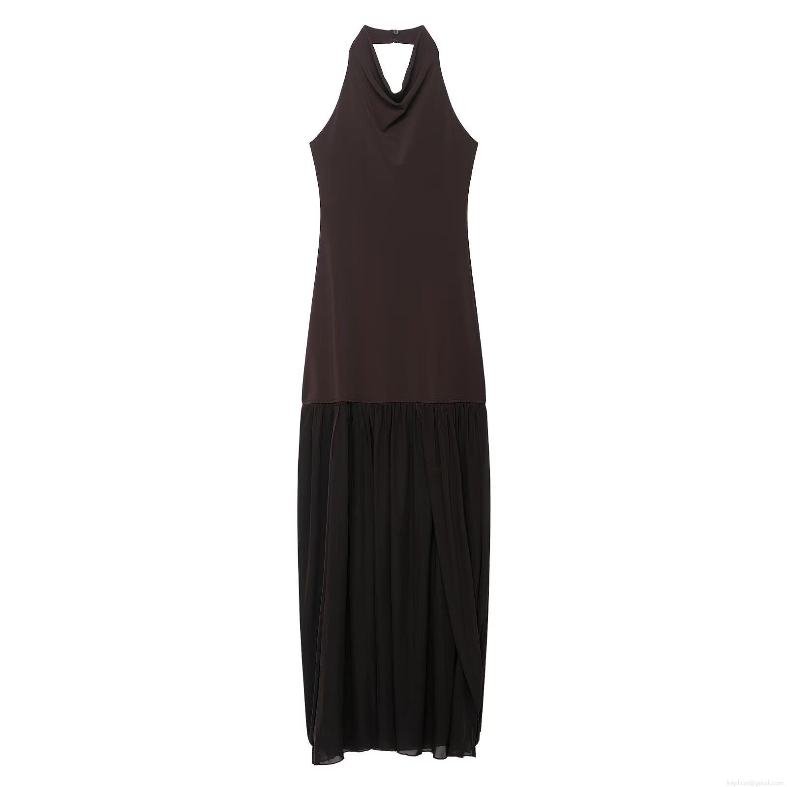 Women Halter Neck Maxi Dress Elegant Polyester Patchwork Pleated Long Dress For Party Banquet Date Slim Fit Solid Color Celebrity Style Sleeveless Evening Gown