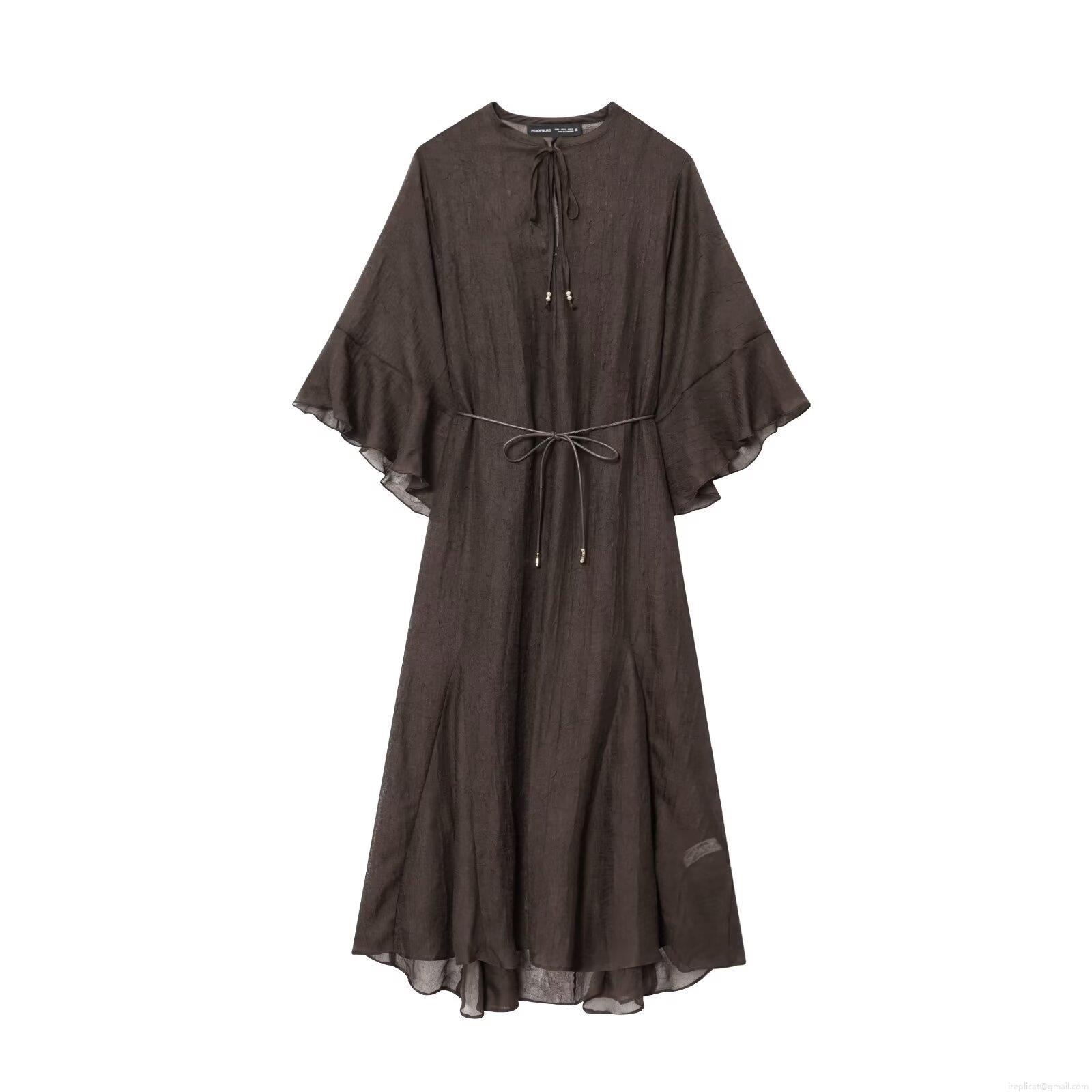 Women's Elegant V Neck Maxi Dress Linen-Feel Crinkle Fabric Flared Ruffle Sleeve Tie Waist With Belt Metal Beads Casual Holiday Bohemian Clothing