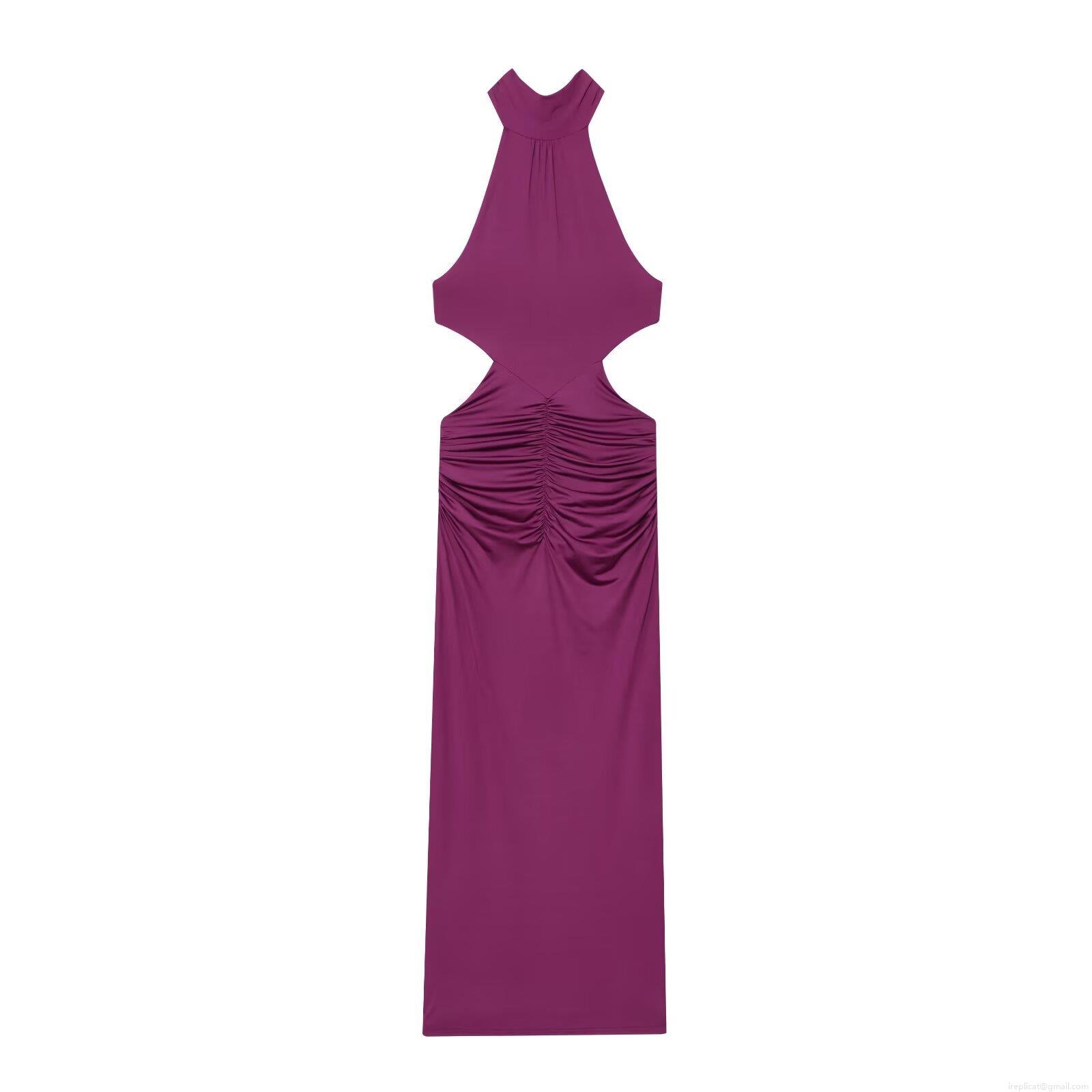 Purple Halter Neck Maxi Dress For Women Sexy Cut-out Ruched Slim Fit Sleeveless Evening Party Gown Elegant Polyester Socialite Summer Fashion
