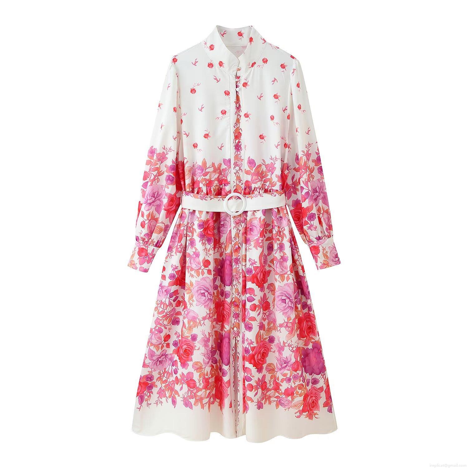 Elegant White Rose Floral Print Long Sleeve Maxi Dress For Women Stand Collar Puff Sleeve Single Breasted A-Line Dress With Belt Lady Socialite Party Evening Long Dress