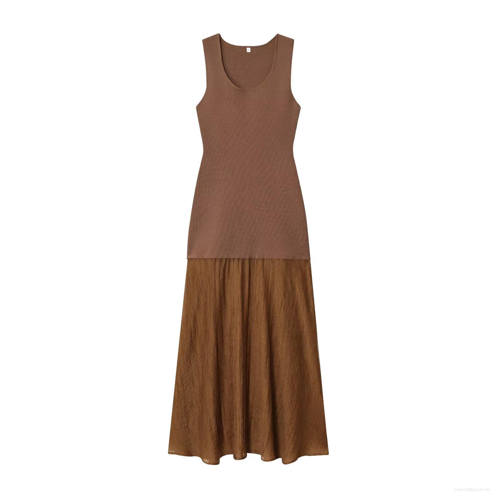 Elegant Women's Sleeveless Knit Patchwork Maxi Dress Round Neck Polyester Pleated A-Line Long Dress For Party Date Socialite Chic Wear