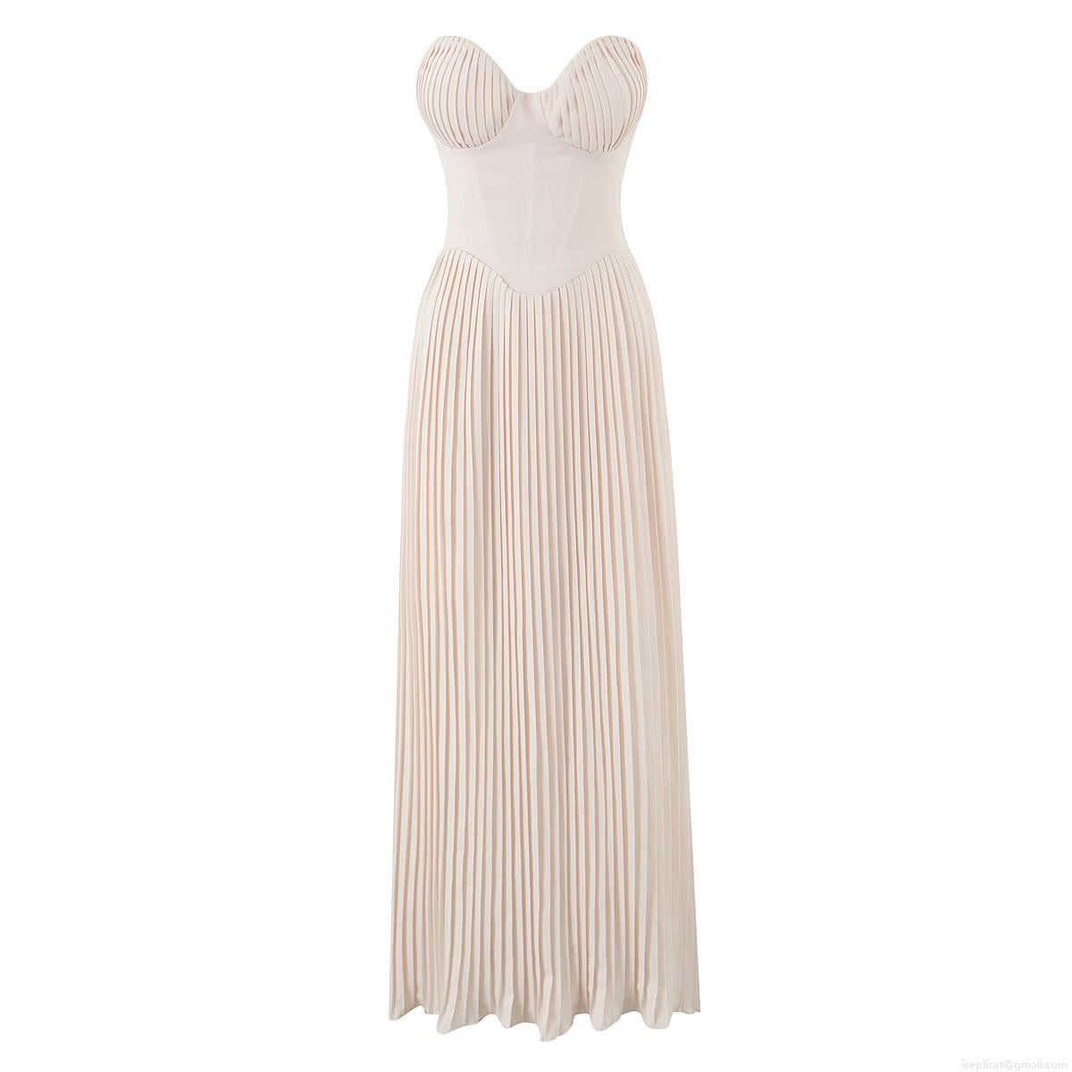 Women's Elegant Strapless Pleated Maxi Dress Polyester Cotton Blend Slim Fit Back Zipper Evening Party Banquet Gown Socialite Long Dress